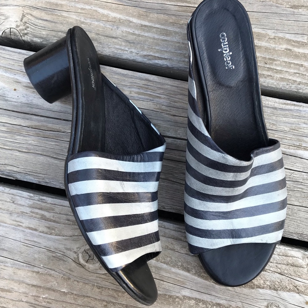 Anthropologie Coupleof Striped Leather Asymmetrical Sandals Black Gray Artsy